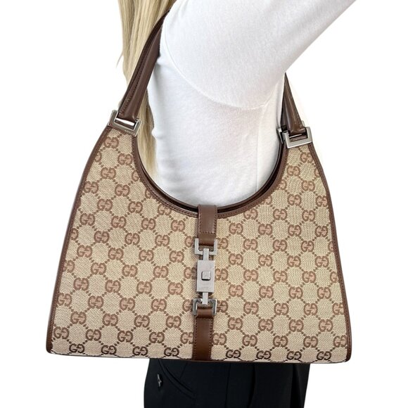 GUCCI Vintage GG Monogram Jackie Shoulder Bag Brown Beige Silver Canvas [105286] - Picture 1 of 11